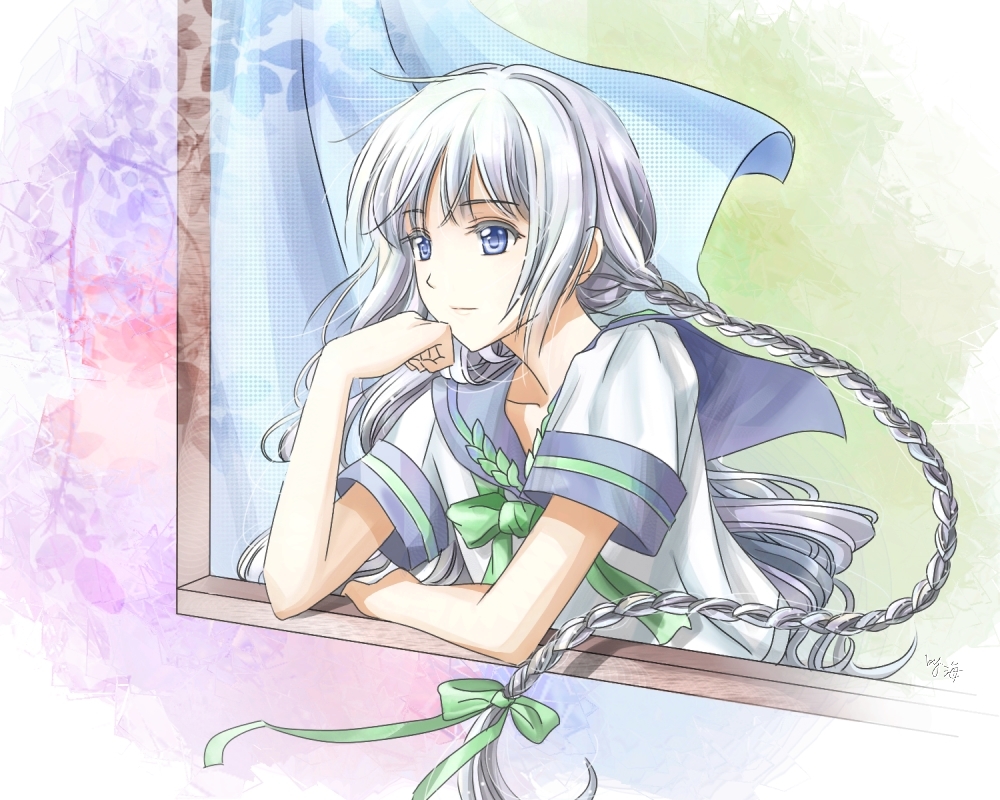 1girl amano_tooko bad_id bad_pixiv_id black_hair blue_eyes bow braid bungaku_shoujo curtains female_focus friedric88 green_ribbon hair_ribbon head_rest long_hair looking_outside ribbon school_uniform serafuku shirt short_sleeves sleeve_cuffs solo tress_ribbon twin_braids twintails upper_body very_long_hair white_shirt wind window