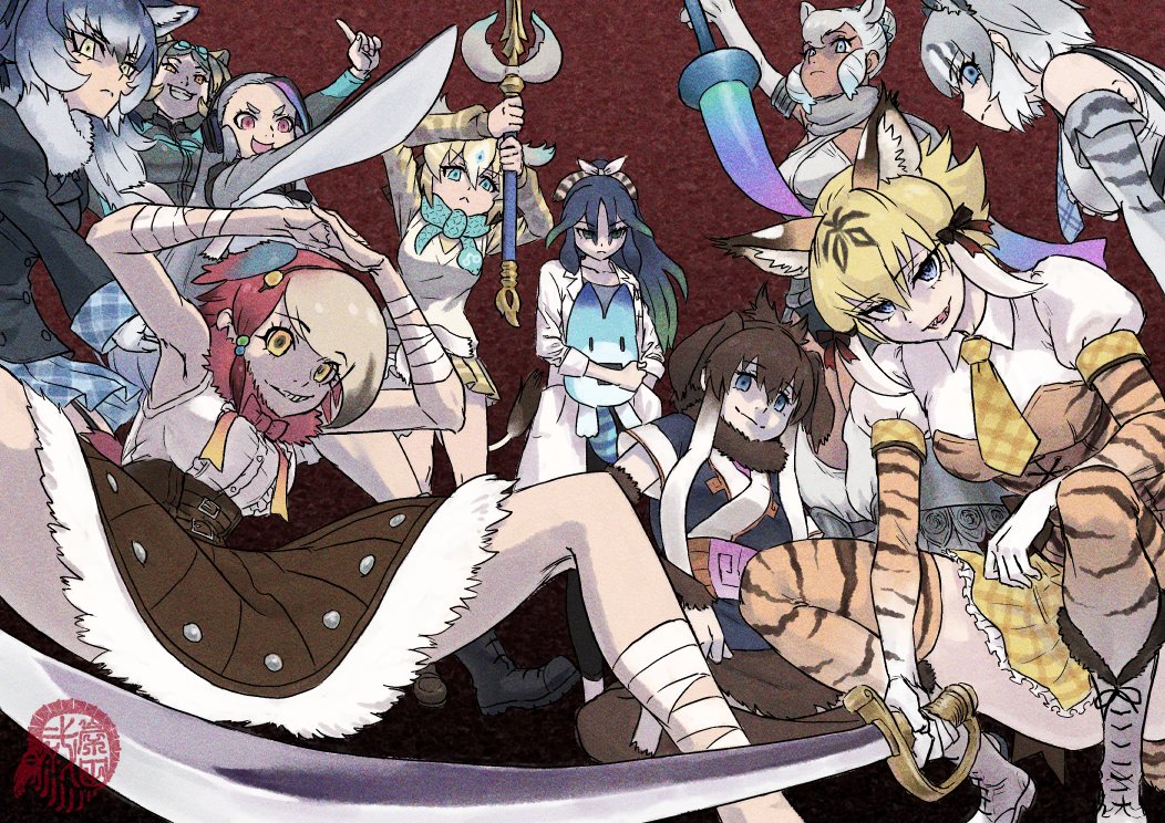 6+girls animal_ear_fluff animal_ears aqua_eyes arm_up arms_up artist_logo bandaged_arm bandages bare_shoulders bird_wings black_hair bleach bleach:_sennen_kessen-hen blonde_hair blue_eyes blue_hair boots bow bowtie carrying cave_lion_(kemono_friends) closed_mouth colored_inner_hair commentary_request corset derivative_work detached_sleeves dire_wolf_(kemono_friends) elbow_gloves empty_eyes evil_grin evil_smile expressionless extra_ears fisheye fur_collar gastornis_(kemono_friends) giant_penguin_(kemono_friends) gloves goggles goggles_on_head green_eyes green_hair grey_hair grin hair_between_eyes hair_bun head_wings headphones high-waist_skirt hippopotamus_gorgops_(kemono_friends) holding holding_polearm holding_sword holding_polearm holding_weapon horns index_finger_raised jacket kako_(kemono_friends) kemono_friends kishida_shiki lab_coat leaning_forward lion_ears logo long_hair long_sleeves looking_at_viewer lucky_beast_(kemono_friends) mammoth_(kemono_friends) multicolored_hair multiple_girls necktie open_mouth outstretched_arm own_hands_together paraceratherium_(kemono_friends) parted_lips polearm purple_hair red_bow red_bowtie red_eyes red_hair rhinoceros_ears saber_(weapon) scarf shirt short_hair_with_long_locks single_hair_bun sitting sivatherium_(kemono_friends) skirt sleeveless sleeveless_shirt sleeves_past_fingers sleeves_past_wrists smile smilodon_(kemono_friends) spear spread_legs squatting standing sword thighhighs trident tunic v-shaped_eyebrows very_long_hair weapon white_hair white_shirt wings wolf_ears yellow_eyes