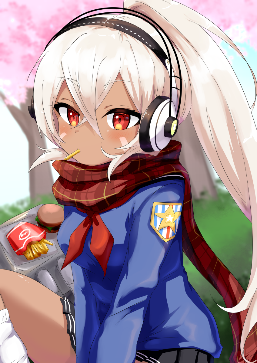 1girl azur_lane black_sailor_collar black_skirt blue_shirt blush breasts burger cherry_blossoms commentary_request crossed_bangs dark-skinned_female dark_skin expressionless facepaint feet_out_of_frame food food_in_mouth french_fries hair_between_eyes headphones high_ponytail highres houshi long_hair long_sleeves looking_at_viewer medium_breasts miniskirt minneapolis_(azur_lane) minneapolis_(wild_huntress_schoolgirl)_(azur_lane) neckerchief official_alternate_costume patch plaid_clothes plaid_scarf pleated_skirt ponytail red_eyes red_neckerchief red_scarf sailor_collar scarf shirt skirt socks solo tree very_long_hair white_hair white_socks