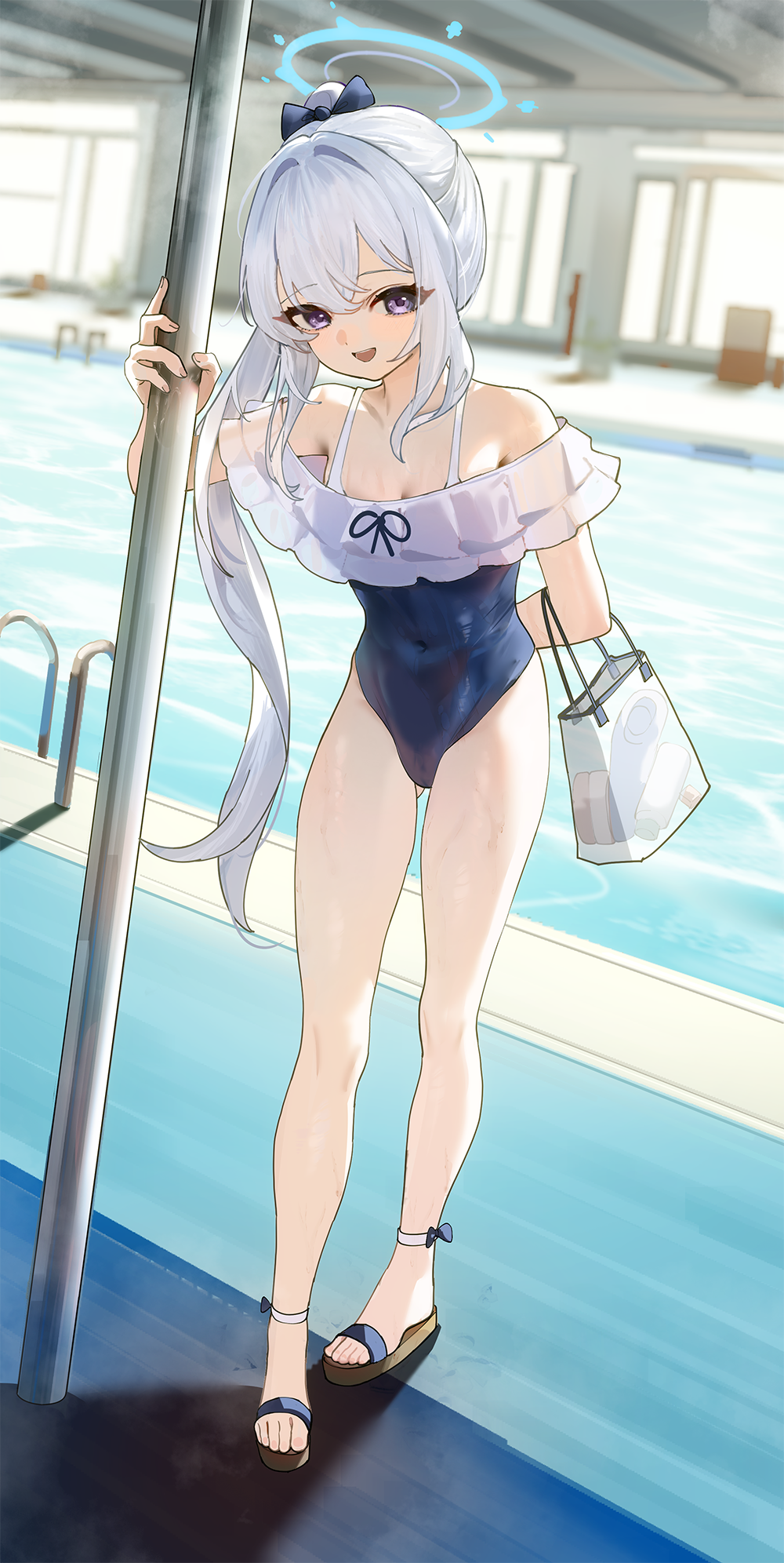 1girl arm_behind_back blue_archive blue_one-piece_swimsuit blue_ribbon casual_one-piece_swimsuit commentary_request covered_navel frilled_one-piece_swimsuit frills hair_between_eyes halo highres holding long_hair looking_at_viewer majo_(pastamajo) miyako_(blue_archive) miyako_(swimsuit)_(blue_archive) off-shoulder_one-piece_swimsuit off_shoulder official_alternate_costume official_alternate_hairstyle one-piece_swimsuit open_mouth ponytail pool purple_eyes ribbon sidelocks smile solo swimsuit transparent_bag very_long_hair white_hair