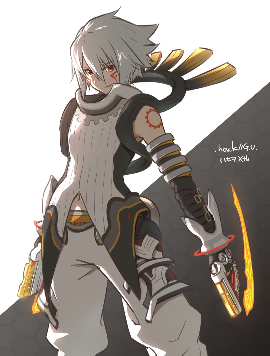.hack// .hack//g.u. .hack//g.u._last_recode 1boy copyright_name facial_mark grin gun haseo_(.hack//) kiikii kiikii_(kitsukedokoro) male_focus navel pants red_eyes shirt short_hair sleeveless sleeveless_shirt smile standing tattoo v-shaped_eyebrows weapon white_hair