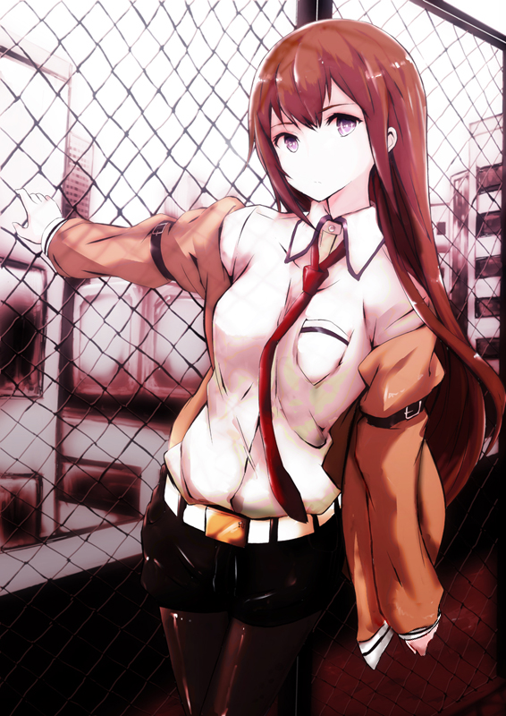 1girl bad_id bad_pixiv_id belt brown_hair female_focus fence grey_eyes jacket long_hair makise_kurisu nanai necktie off_shoulder pantyhose pantyhose_under_shorts red_necktie shorts solo steins;gate
