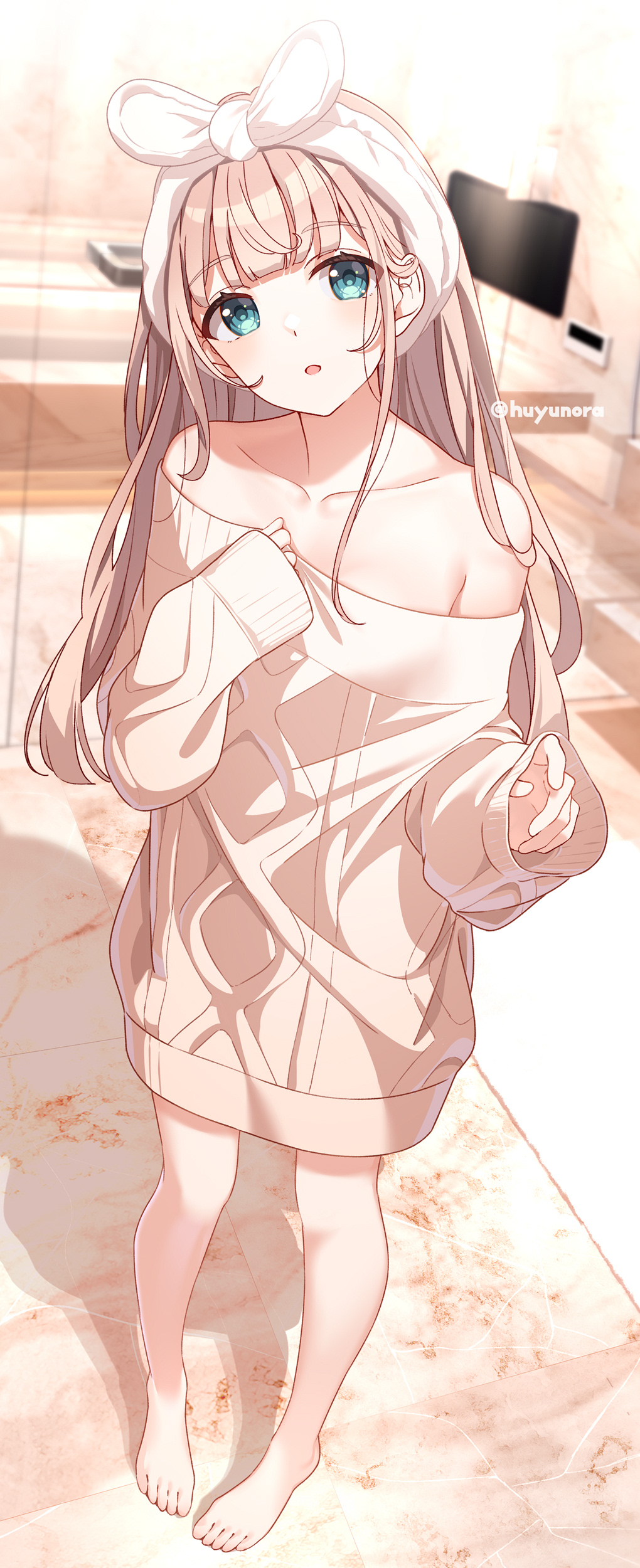 1girl :o absurdres artist_name bare_shoulders barefoot blue_eyes brown_hair collarbone commentary_request feet full_body hand_on_own_chest hand_up head_tilt headband highres huyunora indoors long_hair long_sleeves looking_at_viewer off-shoulder_sweater off_shoulder open_mouth original puffy_long_sleeves puffy_sleeves solo sweater television timestamp toes white_headband white_sweater