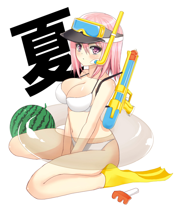 1girl bikini char diving_mask female_focus fins food fruit goggles innertube pink_eyes pink_hair rake short_hair sitting snorkel solo swim_ring swimsuit visor visor_cap wariza water_gun watermelon white_bikini