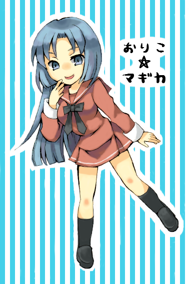 1girl aqua_background asako_komaki black_bow black_bowtie black_socks blue_eyes blue_hair bow bowtie jiu_(hardlackhero) long_hair long_sleeves looking_at_viewer mahou_shoujo_madoka_magica mahou_shoujo_oriko_magica red_sailor_collar red_serafuku sailor_collar school_uniform serafuku socks solo striped_background two-tone_background very_long_hair white_background
