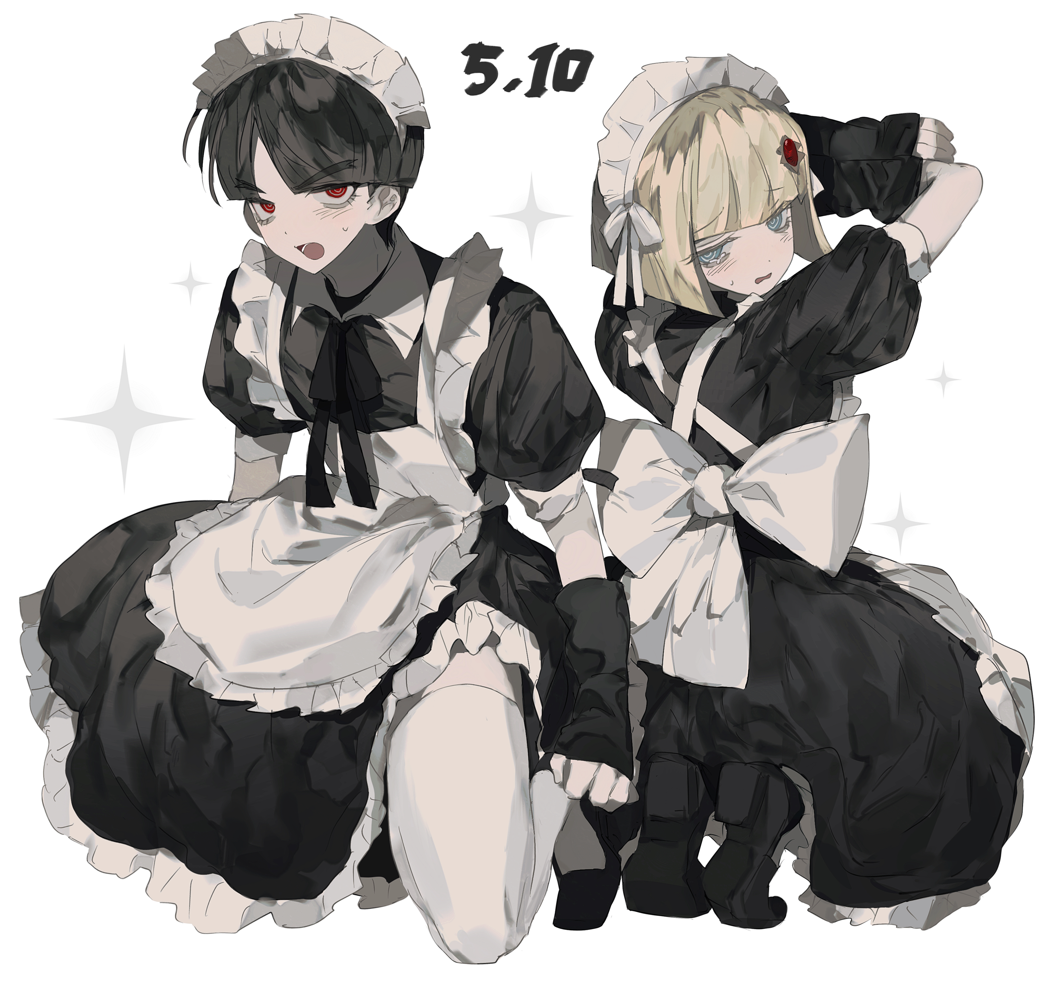 1boy 1girl absurdres anzekeye apron arm_warmers black_dress black_ribbon black_shoes blonde_hair blue_eyes blunt_bangs blush bow chinese_commentary commentary_request crossdressing dated dress forked_eyebrows full_body hair_ornament highres maid maid_day maid_headdress maruko_gaku oosuzuki_kurara open_mouth red_eyes ribbon shoes short_hair small_sweatdrop sparkle spoilers squatting the_hundred_line_-last_defense_academy- thighhighs white_apron white_bow white_thighhighs