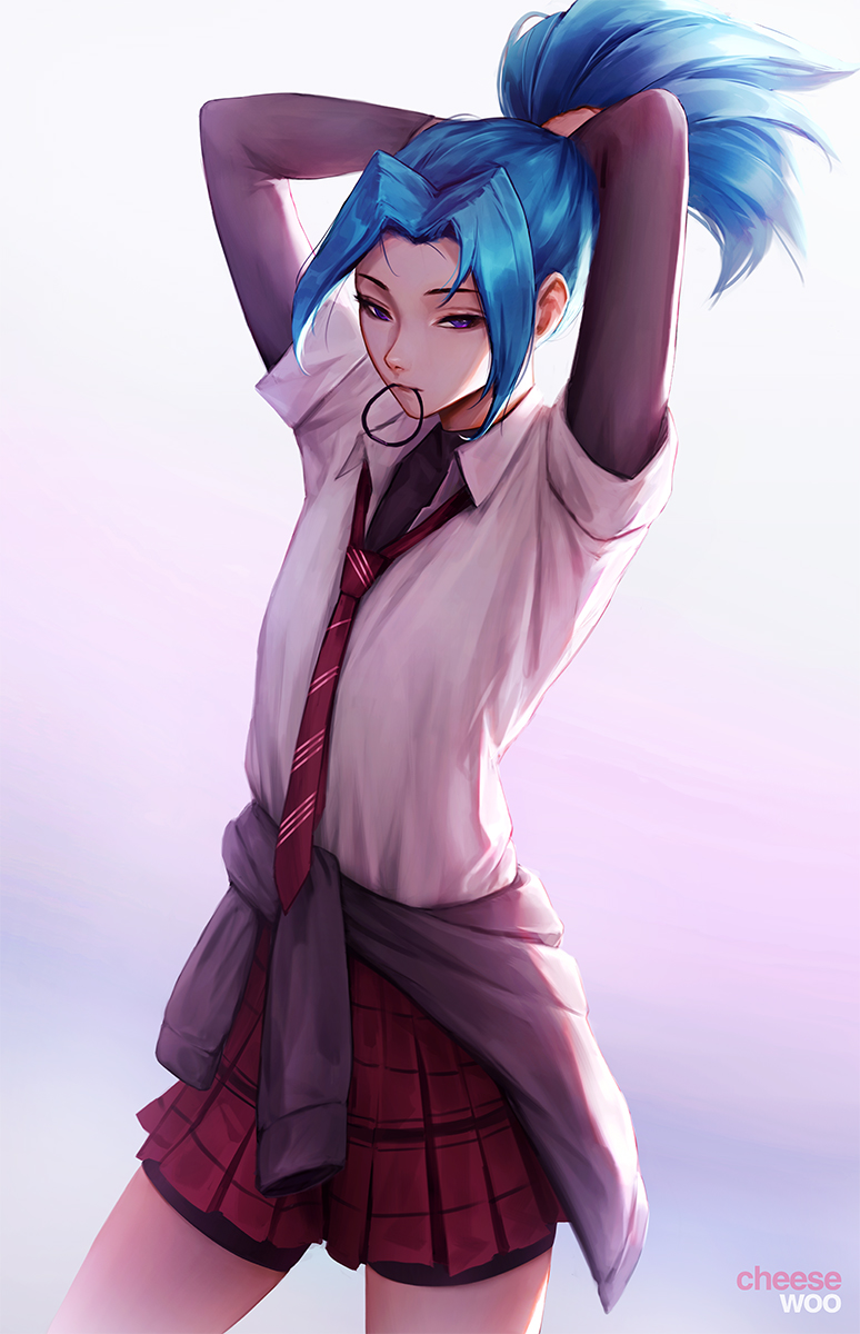 1girl akali arms_up artist_name bike_shorts_under_skirt black_sleeves blue_hair cheesewoo clothes_around_waist flat_chest hair_intakes hair_tie_in_mouth highres jacket jacket_around_waist league_of_legends loose_necktie mouth_hold necktie official_alternate_costume partially_unbuttoned plaid_clothes plaid_skirt ponytail purple_eyes school_uniform shirt skirt solo star_guardian_(league_of_legends) star_guardian_akali tying_hair white_shirt