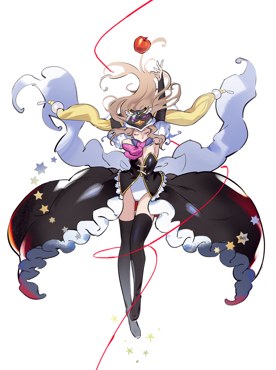 1girl animal_hat apple bare_shoulders bird black_thighhighs boots brown_hair closed_eyes commentary_request elbow_gloves floating_clothes floating_hair food fruit full_body gloves hair_floating_upwards hat highres long_hair long_legs mawaru_penguindrum mogyus penguin pink_eyes princess_of_the_crystal purple_eyes solo standing string string_of_fate takakura_himari thigh_boots thighhighs white_background