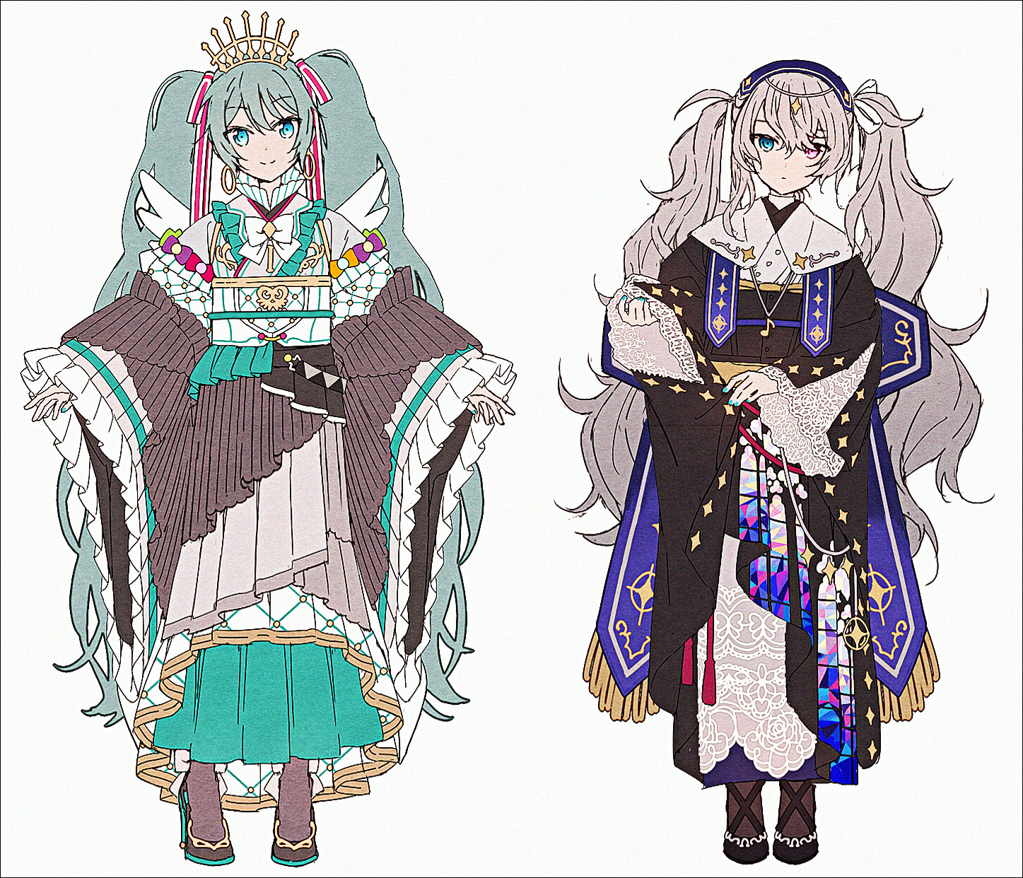 25-ji_miku 2girls adapted_costume black_dress black_shoes blue_eyes blue_nails blue_skirt brown_pantyhose closed_mouth colorful_festival_(project_sekai) dress fringe_trim green_hair grey_background grey_hair grey_kimono hair_over_one_eye hakusai_(tiahszld) hatsune_miku heterochromia highres japanese_clothes kimono long_hair long_sleeves multiple_girls nail_polish pantyhose pleated_skirt project_sekai purple_eyes revision shoes simple_background skirt sleeves_past_wrists standing twintails very_long_hair vocaloid wide_sleeves