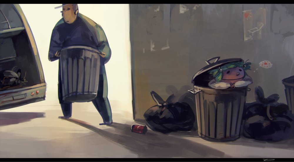 1girl ^_^ closed_eyes commentary garbage_truck hair_bobbles hair_ornament in_container in_trash_can kisume koto_inari motor_vehicle touhou trash_bag trash_can truck