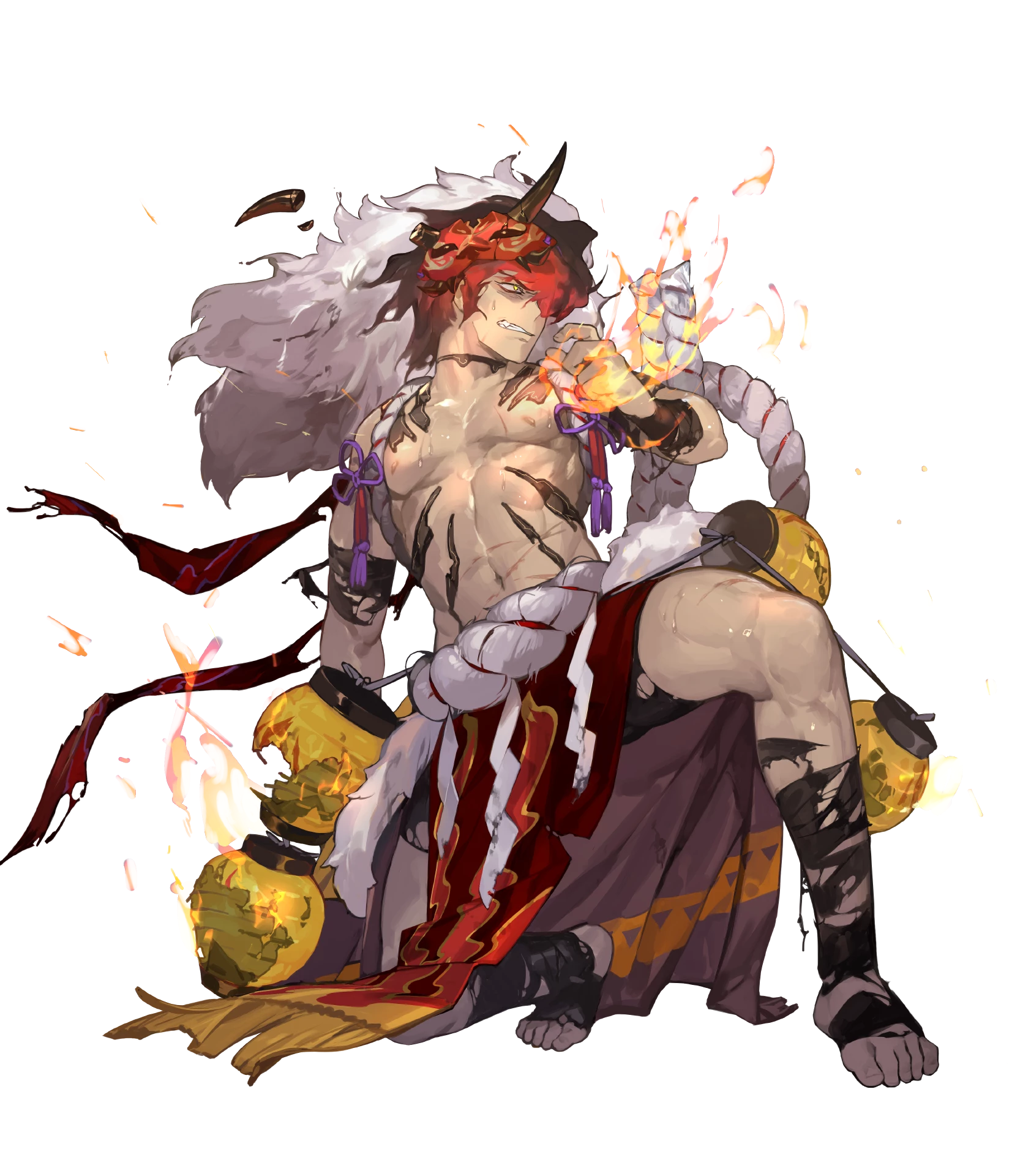 1boy abs bara body_markings burning_clothes damaged dark-skinned_male dark_skin dragon_mask fake_hair fire_emblem fire_emblem_heroes hair_over_one_eye highres muscular muscular_male muspell_(fire_emblem) muspell_(flame)_(fire_emblem) nintendo non-web_source official_alternate_costume official_art orange_hair pelvic_curtain red_eyes solo sumo