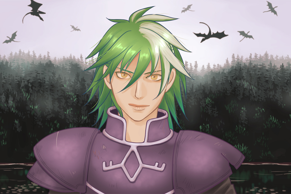 1boy armor dat_(tokaku) dragon fire_emblem fire_emblem:_the_blazing_blade green_hair heath_(fire_emblem) long_hair male_focus multicolored_hair nintendo solo tree two-tone_hair water white_hair yellow_eyes