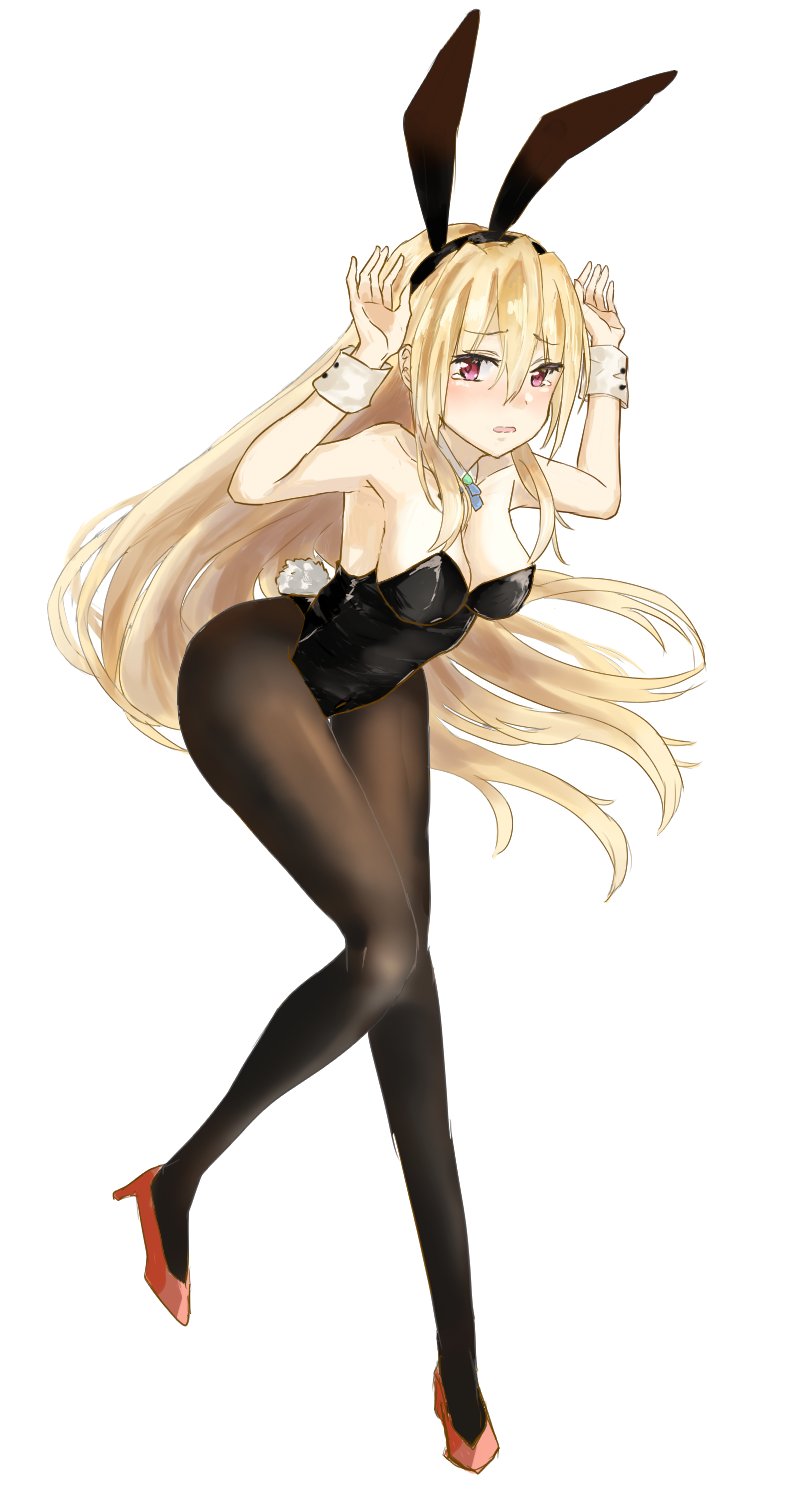 1girl animal_ears black_leotard blonde_hair detached_collar fake_animal_ears hair_between_eyes hair_ornament heaven_burns_red highres leotard long_hair multiple_girls playboy_bunny rabbit_ears rabbit_pose rabbit_tail red_eyes shirakawa_yuina sidelocks solo sorablue0106 strapless strapless_leotard tail wrist_cuffs