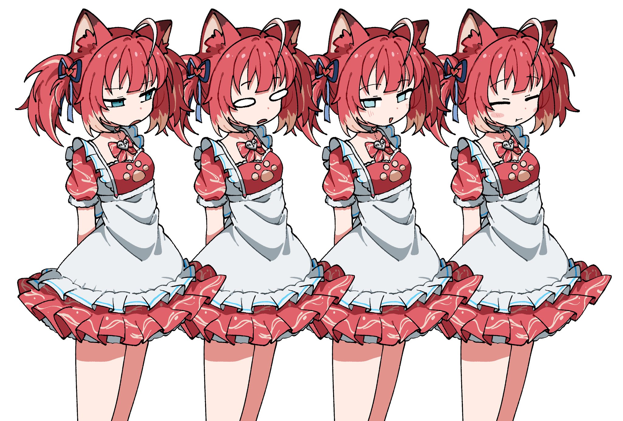 1girl :d ahoge akami_karubi animal_ear_fluff animal_ears apron aqua_eyes arms_behind_back closed_eyes closed_mouth cowboy_shot crazy_raccoon dress dyed_ahoge frilled_apron frills hair_ribbon highres looking_at_viewer looking_to_the_side multicolored_hair multiple_expressions odayaka open_mouth orange_hair paw_print pleated_dress puffy_short_sleeves puffy_sleeves raccoon_ears raccoon_girl red_dress red_hair ribbon short_hair short_sleeves simple_background smile standing twintails virtual_youtuber white_background white_hair