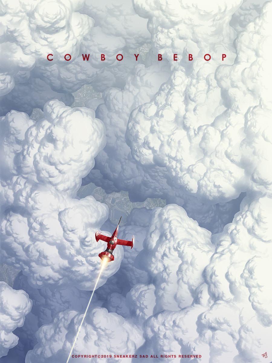 cloud cloudy_sky cowboy_bebop english_text highres no_humans scenery science_fiction signature sky sneakerzsad spacecraft swordfish_ii