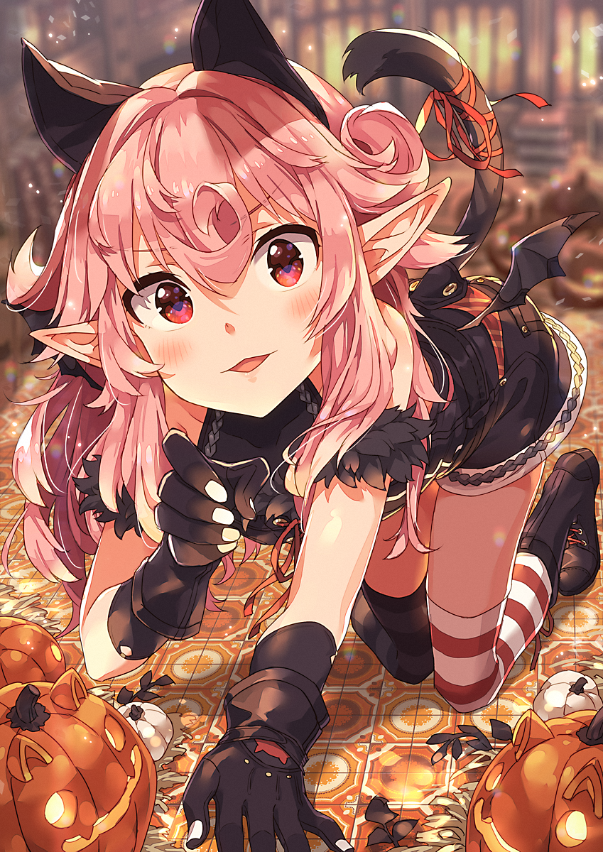 1girl all_fours animal_ears asymmetrical_legwear black_gloves blurry blush cat_ears cat_tail commentary_request cowlick depth_of_field female_focus gloves hair_between_eyes halloween halterneck hand_up highres jack-o&#039;-lantern long_hair looking_at_viewer mismatched_legwear narumi_arata open_mouth original pink_hair pointy_ears recri_(narumi_arata) red_eyes red_ribbon revision ribbon shorts smile solo striped_clothes striped_legwear striped_thighhighs tail tail_ornament tail_ribbon thighhighs thighs wings