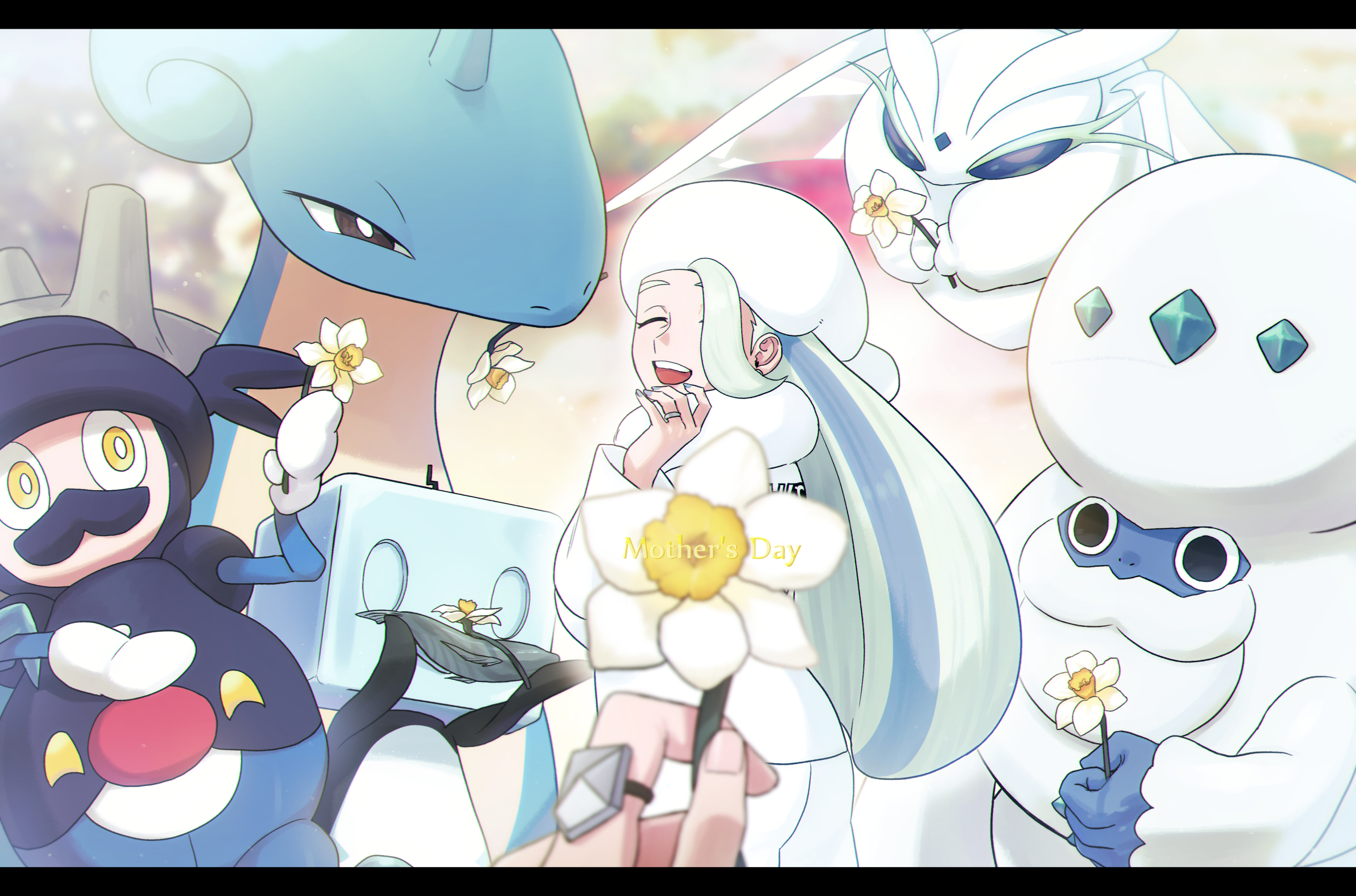 1girl :d closed_eyes commentary daffodil eiscue eiscue_(ice) flower frosmoth fur_hat galarian_darmanitan galarian_form game_freak gen_1_pokemon gen_8_pokemon gym_leader hand_up hat heyasamu highres holding jewelry lapras letterboxed long_hair long_sleeves mature_female melony_(pokemon) mother's_day mr._rime multicolored_hair nintendo open_mouth pokemon pokemon_(creature) pokemon_swsh ring scarf shorts smile streaked_hair teeth white_flower white_headwear white_scarf |d
