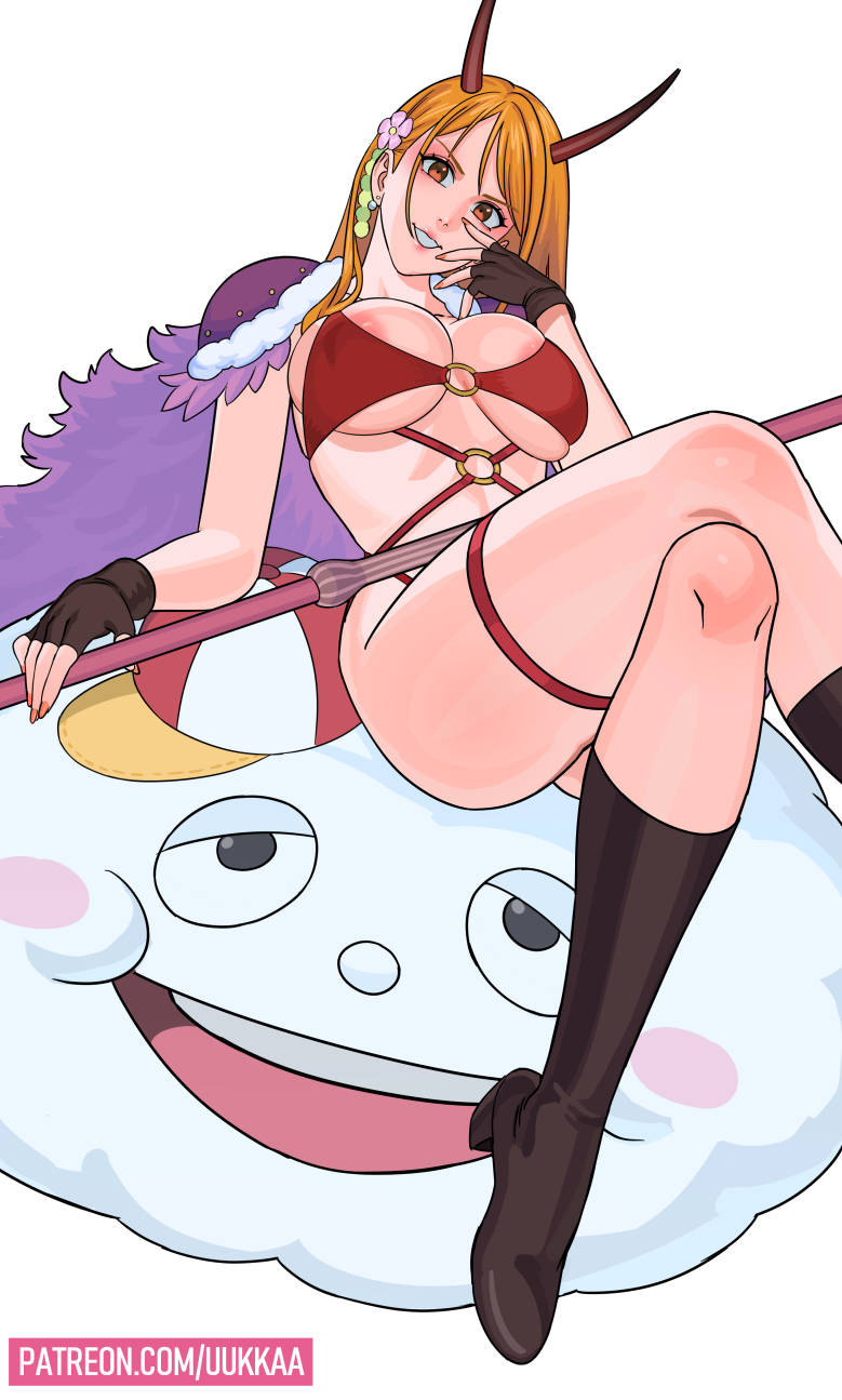 1girl areola_slip ass beast_pirates_uniform bikini boots breasts brown_boots brown_gloves cape cleavage clima-tact cloud commentary crossed_legs earrings fingerless_gloves flower foot_out_of_frame fur-trimmed_cape fur_trim gloves hair_flower hair_ornament hat head_tilt highres holding holding_staff horns jewelry knee_boots large_breasts legs lips long_hair looking_at_viewer midriff nail_polish nami_(one_piece) nami_(one_piece)_(onigashima) o-ring o-ring_bikini o-ring_top official_alternate_costume one_piece open_mouth orange_hair orange_nails paid_reward_available parted_lips patreon_username pearl_earrings pink_lips purple_cape red_bikini shoulder_pads simple_background sitting staff stomach swimsuit symbol-only_commentary thick_thighs thigh_strap thighs uukkaa white_background zeus_(one_piece)