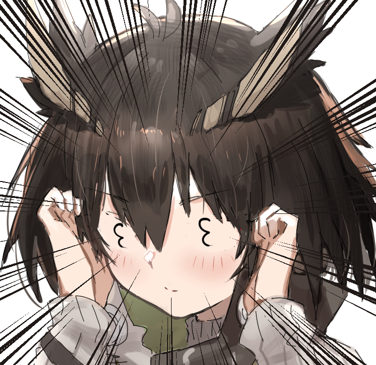 1girl 3_3 antenna_hair arknights blush brown_eyes brown_hair commentary_request feather_hair hair_between_eyes horn/wood long_sleeves no_eyewear pointy_hair portrait short_hair silence_(arknights) solo white_background