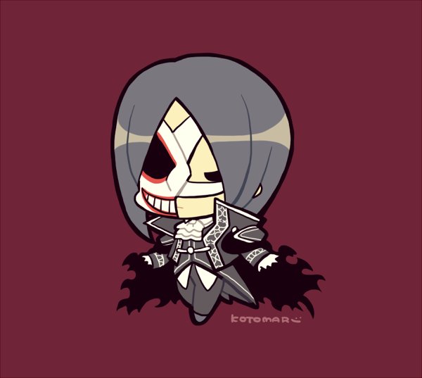1boy ascot chibi chibi_only coat expressionless fate/grand_order fate_(series) full_body grey_coat grey_footwear grey_hair grey_pants kotorai male_focus mask pants phantom_of_the_opera_(fate) red_background short_hair signature simple_background solo white_ascot