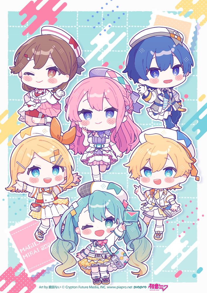 2boys 4girls :d ;) aqua_hair artist_name asymmetrical_bangs beret blonde_hair blue_eyes blue_hair blue_necktie blue_pants brown_hair chibi chibi_only collared_shirt commentary_request copyright_notice diamond_hair_ornament dress flag full_body gloves gradient_hair hair_ornament hairclip hat hatsune_miku holding holding_flag jacket kagamine_len kagamine_rin kaito_(vocaloid) leg_warmers logo magical_mirai_(vocaloid) magical_mirai_kaito magical_mirai_kaito_(2024) magical_mirai_len magical_mirai_len_(2024) magical_mirai_luka magical_mirai_luka_(2024) magical_mirai_meiko magical_mirai_meiko_(2024) magical_mirai_miku magical_mirai_miku_(2024) magical_mirai_rin magical_mirai_rin_(2024) megurine_luka meiko_(vocaloid) multicolored_hair multiple_boys multiple_girls necktie official_art one_eye_closed open_mouth outline pants pink_hair postage_stamp red_dress second-party_source shikata_nai shirt shoes shorts shorts_under_skirt skirt smile twintails vocaloid white_gloves white_hat white_jacket white_leg_warmers white_outline white_shoes white_shorts yellow_dress yellow_necktie yellow_skirt