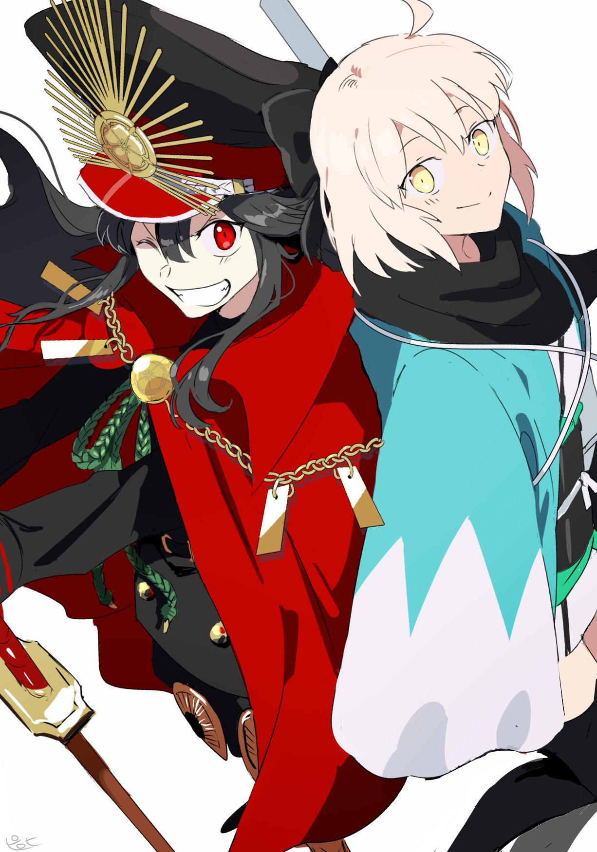 2girls ;d ahoge back-to-back black_coat black_hair black_hat black_scarf black_thighhighs blonde_hair cape closed_mouth coat commentary_request fate_(series) grin haori hat highres japanese_clothes koha-ace long_hair looking_at_viewer multiple_girls oda_nobunaga_(fate) oda_nobunaga_(koha-ace) oda_uri okita_souji_(fate) okita_souji_(koha-ace) one_eye_closed open_mouth peaked_cap pirohi_(pirohi214) red_cape red_eyes scarf short_hair simple_background smile sword thighhighs weapon white_background yellow_eyes
