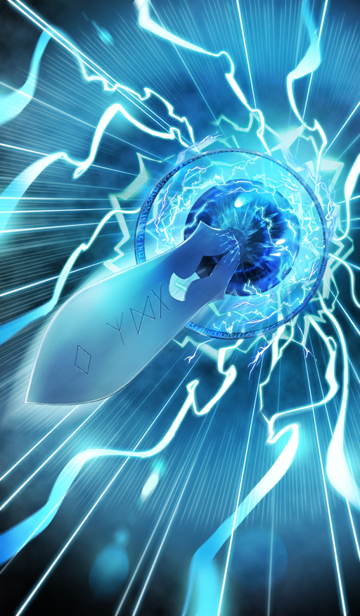 aqua_background aqua_theme commentary electricity fate/grand_order fate/hollow_ataraxia fate_(series) floating foreshortening fragarach_(fate) futhark lasengle lens_flare no_humans official_art runes sword third-party_source weapon weapon_focus