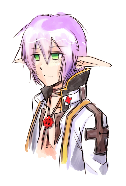 1boy arch_bishop_(ragnarok_online) closed_mouth commentary_request cross cross_necklace cross_of_prontera empty_eyes green_eyes hair_between_eyes jacket jewelry looking_afar male_focus necklace pointy_ears purple_hair ragnarok_online short_hair simple_background smile solo upper_body white_background white_jacket yukimushi