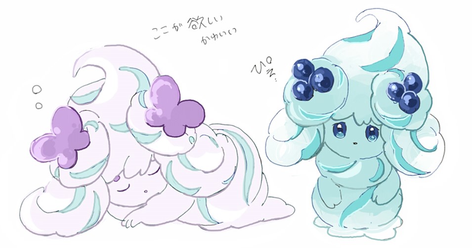 2girls alcremie alcremie_(berry_sweet) alcremie_(mint_cream) alcremie_(ruby_cream) alcremie_(salted_cream) blue_eyes blue_hair blue_skin blueberry bow cc8nw42u15apug0 closed_eyes colored_skin food frown fruit full_body gen_8_pokemon hair_ornament long_hair looking_at_viewer multiple_girls nintendo no_humans pokemon pokemon_(creature) purple_bow simple_background sleeping squeans white_background white_hair white_skin