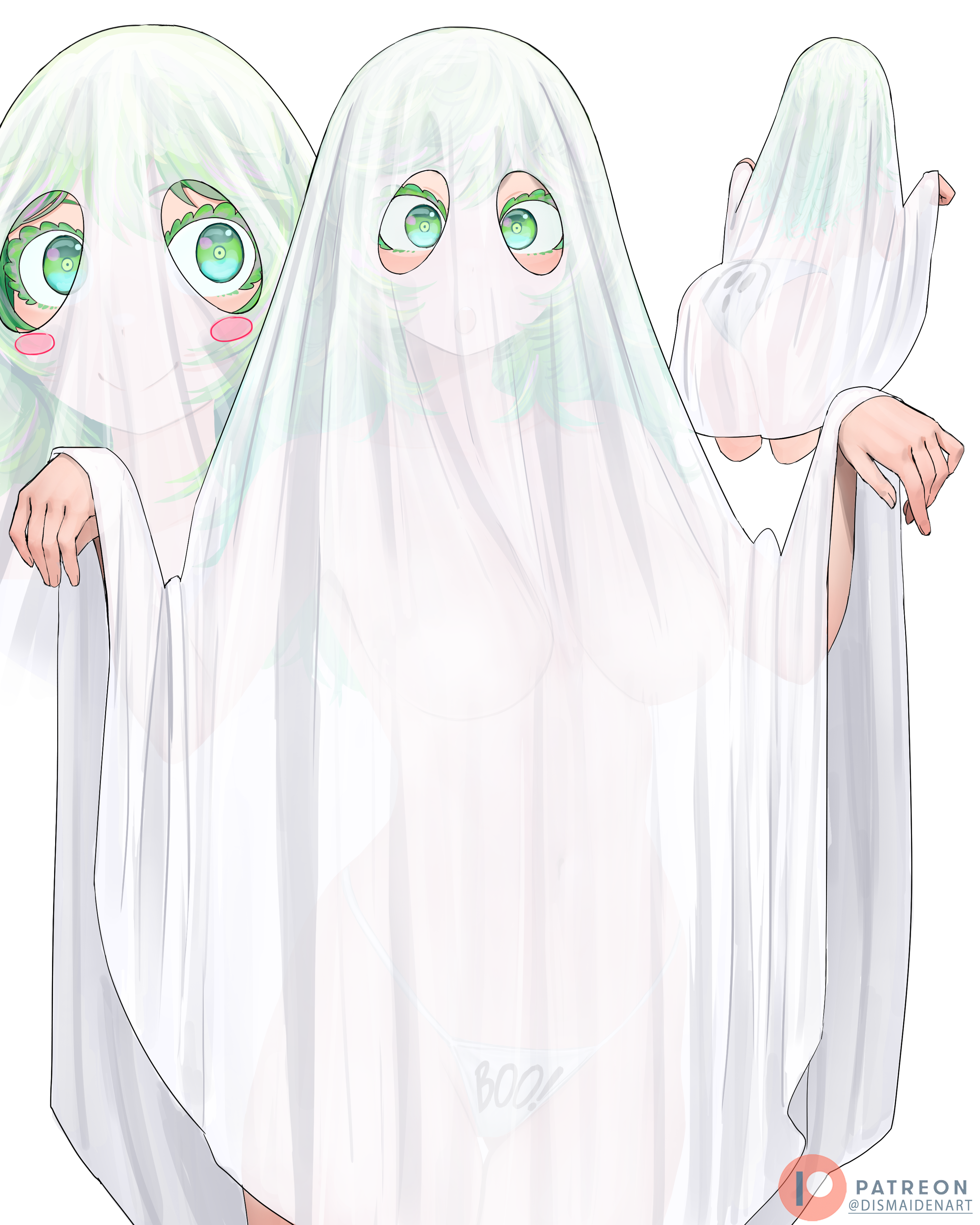 1girl absurdres ass blush_stickers boku_no_hero_academia commentary dismaiden english_commentary ghost_costume green_eyes green_hair hagakure_toru highres multiple_views naked_costume navel open_mouth panties patreon_logo print_panties see-through_clothes sheet_ghost simple_background smile underwear unusually_visible white_background white_panties