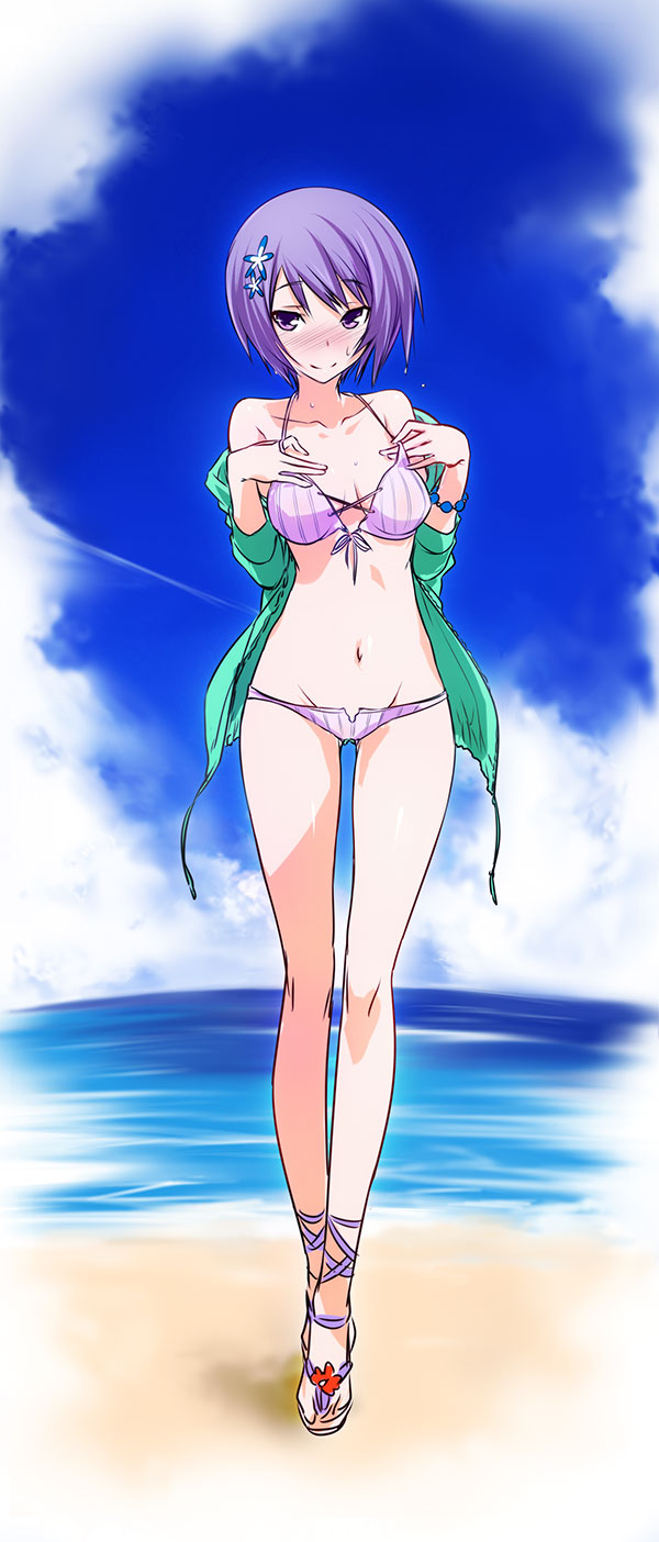 1girl ankle_lace-up bikini blue_hair blush breasts female_focus front-tie_top full-face_blush highres kawagishi_keitarou looking_at_viewer lowleg lowleg_bikini maji_de_watashi_ni_koi_shinasai! maji_de_watashi_ni_koi_shinasai!_s navel purple_hair shiina_miyako solo swimsuit water