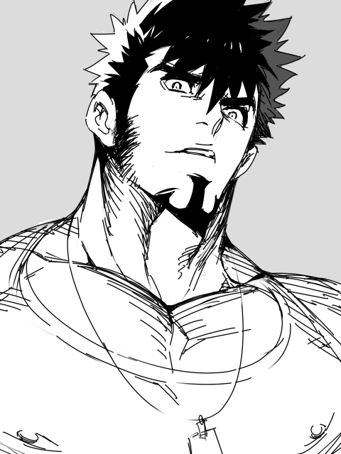 1boy bara covered_erect_nipples dimension_w dog_tags facial_hair goatee greyscale head_tilt large_pectorals long_sideburns mabataki mabuchi_kyoma pectoral_cleavage male_focus mature_male monochrome muscular muscular_male pectorals short_hair sideburns solo stubble thick_eyebrows upper_body
