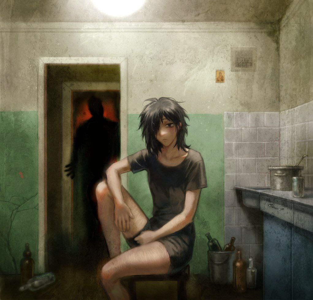 1boy 1other arm_on_knee bags_under_eyes bathroom black_eyes black_hair black_shirt black_shorts broken_wall bucket ceiling_light cup doorway drawer frown glass_bottle hair_over_one_eye haze homicipher kitchen leg_up light_particles looking_at_viewer messy_hair mold mr._crawling multiple_scars people scar scar_on_arm scar_on_leg scars_all_over shirt shorts silhouette sitting squalid114617 tile_floor tile_wall tiles too_many upper_body