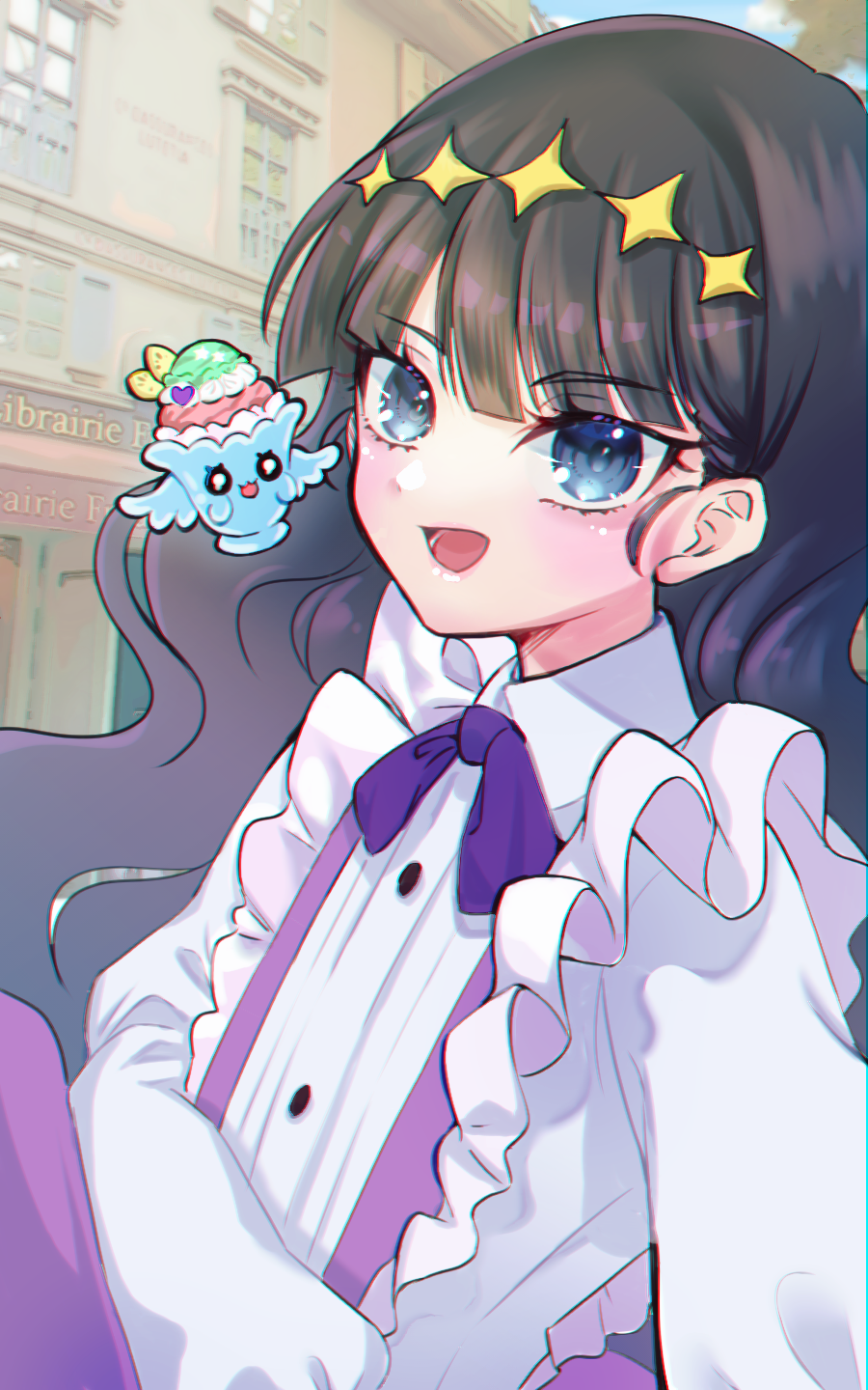 1girl :d black_hair blue_eyes bow delicious_party_precure diamond_hairband dot_nose frills hairband highres kasai_amane long_hair looking_at_viewer miisu_(minirose) open_mouth outdoors parfait_recipipi precure purple_bow recipipi shirt smile upper_body white_shirt yellow_hairband