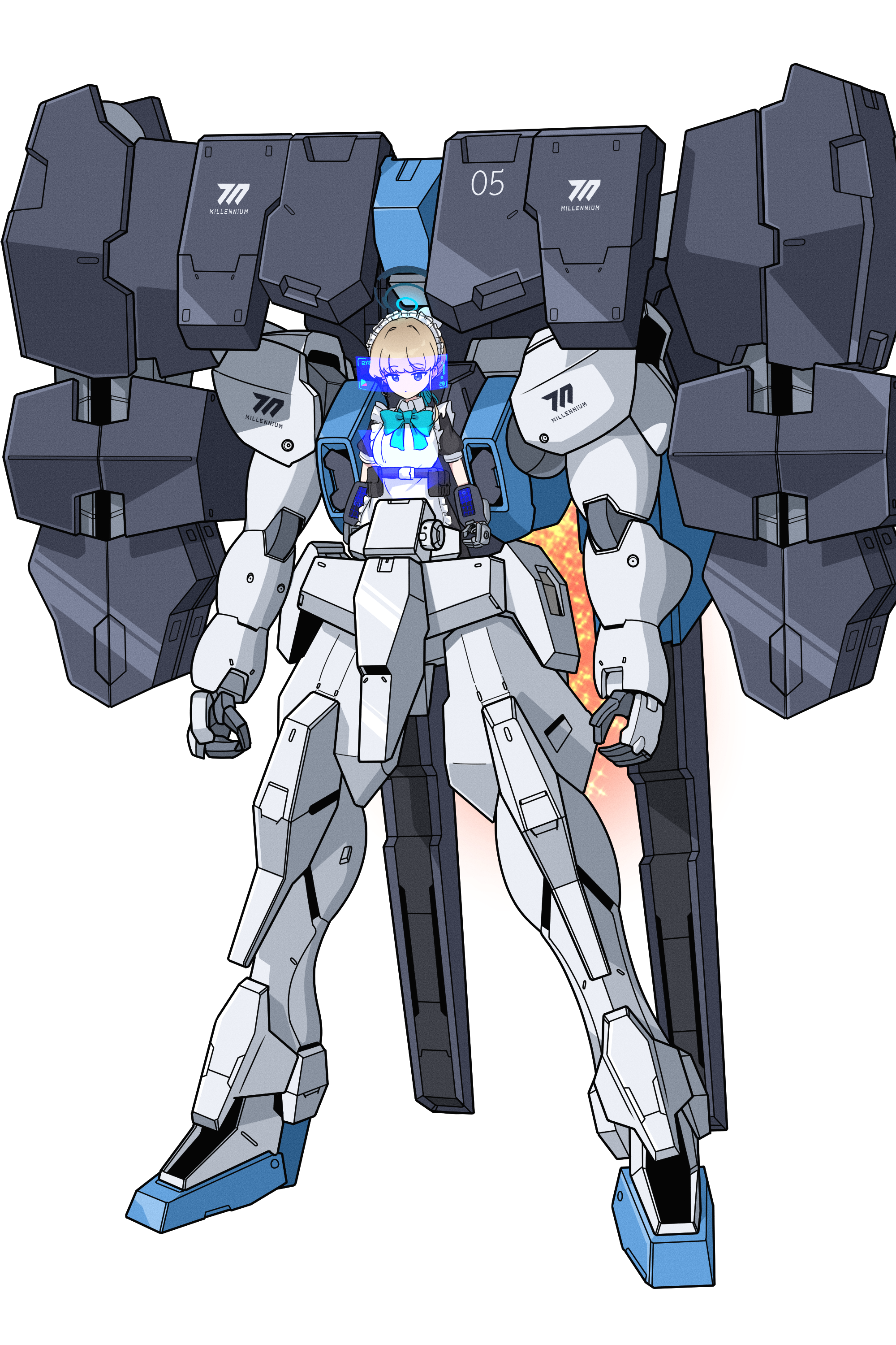 1girl absurdres apron augmented_reality blue_archive blue_bow blue_bowtie blue_eyes bow bowtie bun_cover commentary_request crossover full_body gundam gundam_00 gundam_00_a_wakening_of_the_trailblazer gundam_raphael halo highres hrna light_brown_hair long_hair looking_at_viewer maid maid_apron maid_headdress mecha mecha_musume piloting robot short_sleeves sidelocks simple_background solo standing toki_(blue_archive) white_background