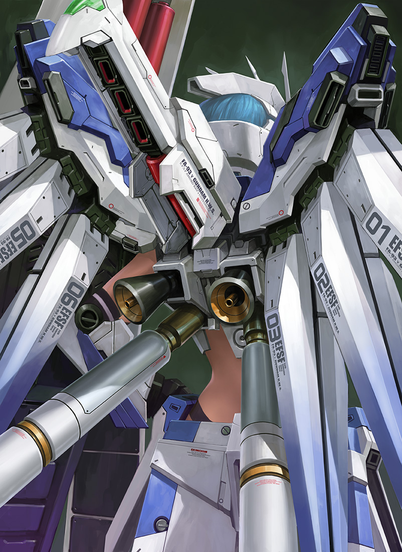 blue_hair cannon char&#039;s_counterattack char&#039;s_counterattack_-_beltorchika&#039;s_children gundam helmet hi-nu_gundam hi-nu_gundam_hws machinery mecha_musume no_humans nu_gundam_hws turret zhenlin
