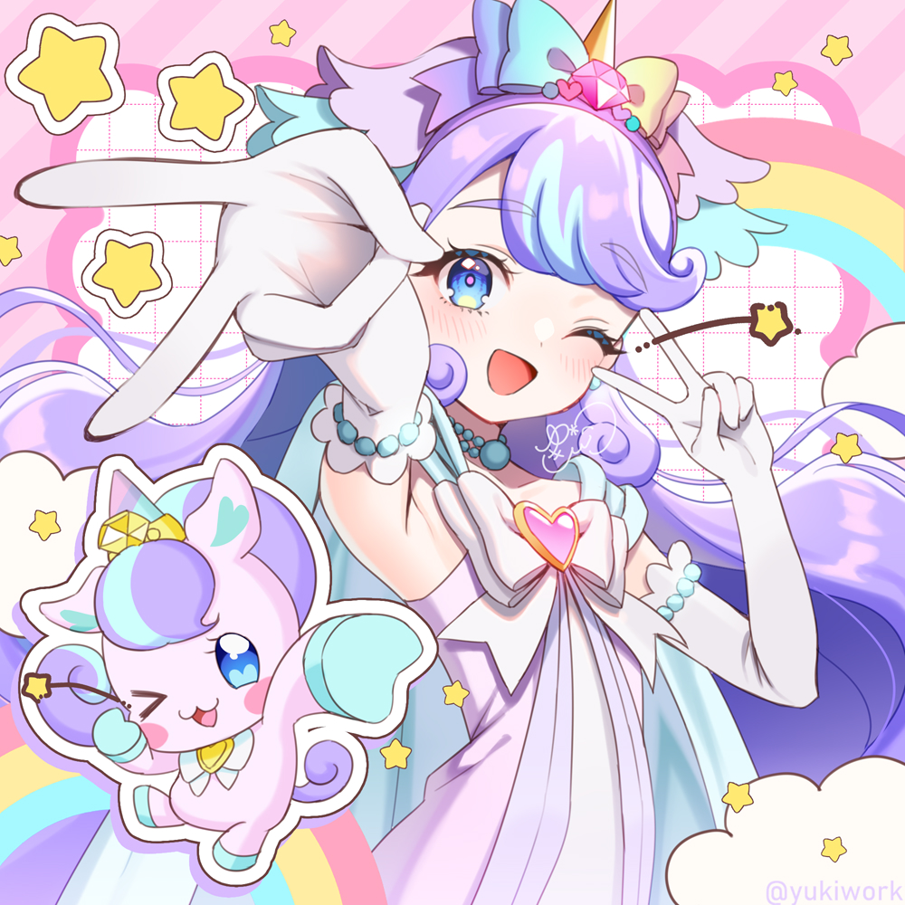 1girl aqua_cape blue_eyes blush bowtie brooch cape dress earrings elbow_gloves fairy gloves hairband heart heart_brooch jewelry long_hair multicolored_hair necklace nico-sama one_eye_closed open_mouth precure purple_dress purple_hair purple_hairband signature sleeveless sleeveless_dress smile solo tiara twitter_username two-tone_hair unicorn v very_long_hair white_bow white_bowtie white_gloves wonderful_precure! yukinko_(yukiwork)