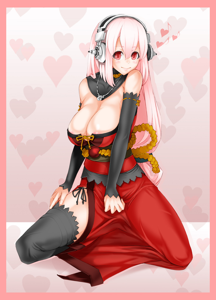 1girl areola_slip bad_id bad_pixiv_id blush breasts cleavage company_connection cosplay female_focus headphones large_breasts long_hair looking_at_viewer nipple_slip nipples nitroplus pink_hair red_eyes sansei_muramasa sansei_muramasa_(cosplay) smile solo soukou_akki_muramasa super_sonico tenjiku_nezumi