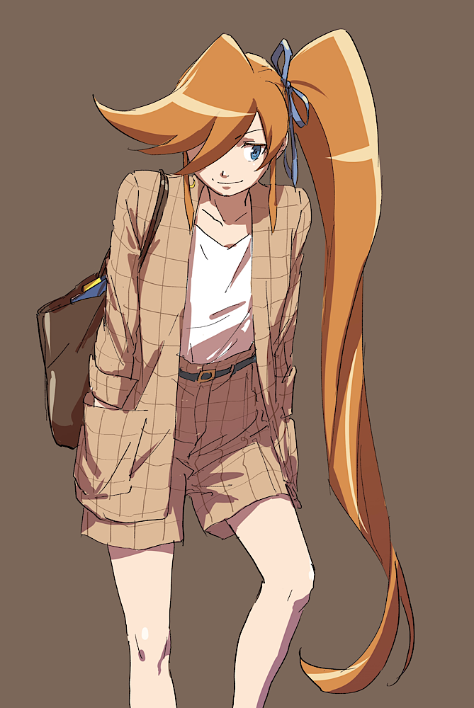 1girl ace_attorney alternate_costume athena_cykes bag belt black_belt blue_eyes blue_ribbon brown_background brown_bag brown_jacket brown_shorts closed_mouth commentary_request crescent crescent_earrings earrings hair_over_one_eye hair_ribbon hands_in_pockets jacket jewelry long_hair long_sleeves looking_to_the_side orange_hair ponytail ribbon shirt shorts shoulder_bag side_ponytail simple_background single_earring smile solo standing taba_(tb_gya) very_long_hair white_shirt