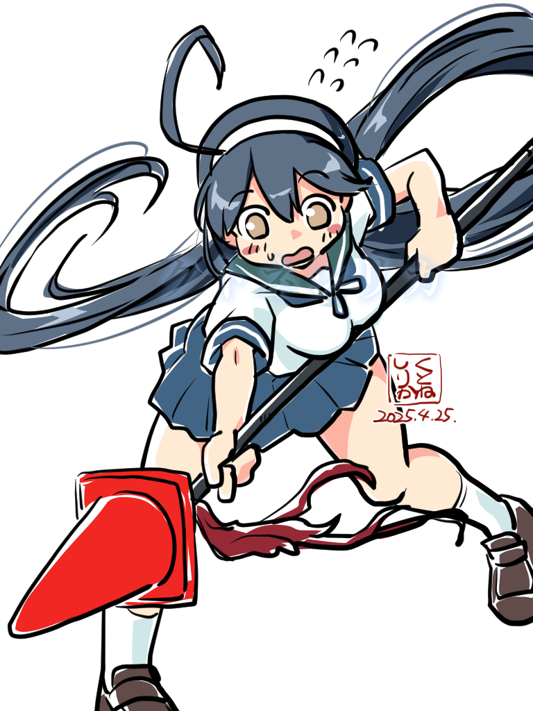 1girl ahoge artist_logo black_hair blue_sailor_collar brown_eyes dated flying_sweatdrops full_body kantai_collection kutone_shirika loafers logo long_hair pleated_skirt polearm sailor_collar sailor_shirt school_uniform serafuku shirt shoes simple_background skirt solo spear traffic_cone ushio_(kancolle) ushio_kai_ni_(kancolle) very_long_hair weapon white_background