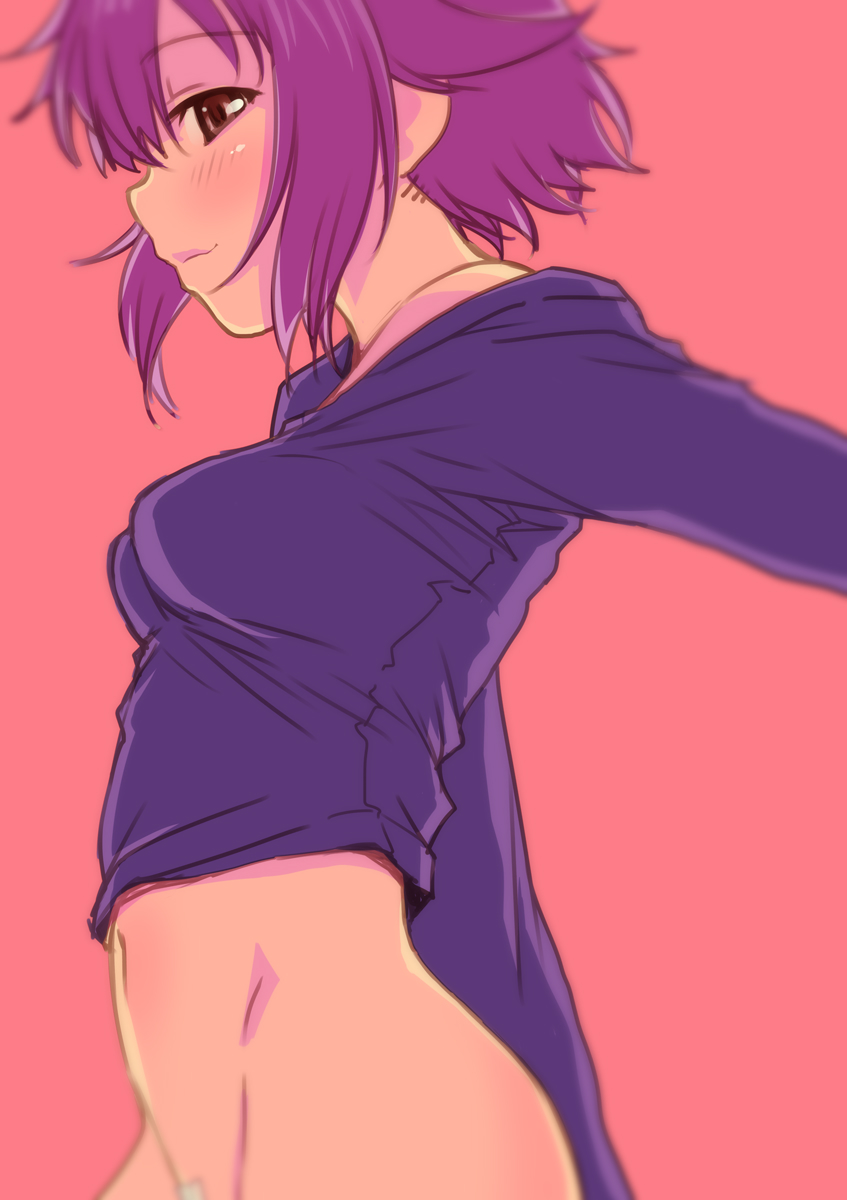 1girl blush bottomless breasts brown_eyes commentary_request crop_top highres idolmaster idolmaster_cinderella_girls koshimizu_sachiko light_smile navel pasties profile purple_hair sakaki_imasato shirt short_hair small_breasts solo variant_set
