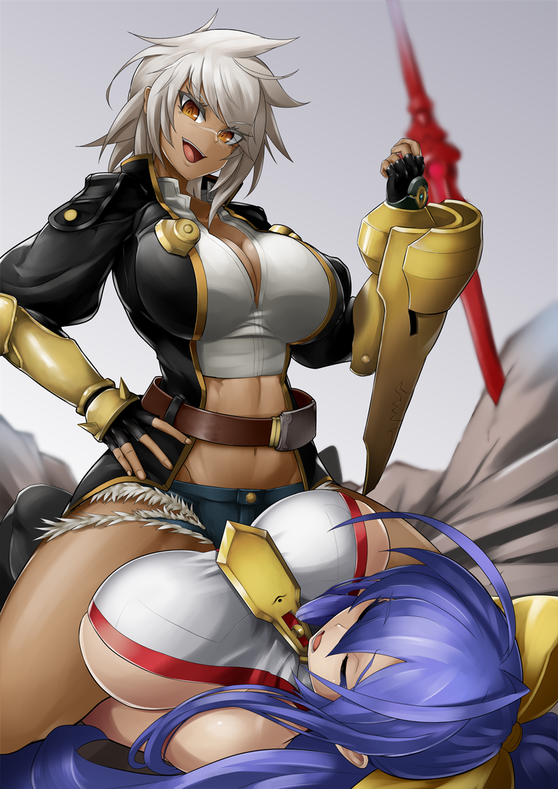 2girls :d antenna_hair backless_outfit bare_shoulders black_gloves blazblue blazblue:_central_fiction blazblue_variable_heart blue_hair bow breasts brown_eyes bullet_(blazblue) cleavage closed_eyes commentary_request commission cutoffs dark-skinned_female dark_skin defeat denim denim_shorts femdom fingerless_gloves gauntlets gloves groin hair_between_eyes hair_bow jacket large_breasts long_hair looking_at_another lying mai_natsume medium_hair micro_shorts midriff multiple_girls navel on_back open_mouth outseal polearm ponytail scar scar_on_face scar_on_nose shorts sideboob sidelocks silver_hair single_gauntlet sitting sitting_on_person skeb_commission smile sowel_(sk3) spear straddling swept_bangs teeth upper_teeth_only very_long_hair weapon yellow_bow