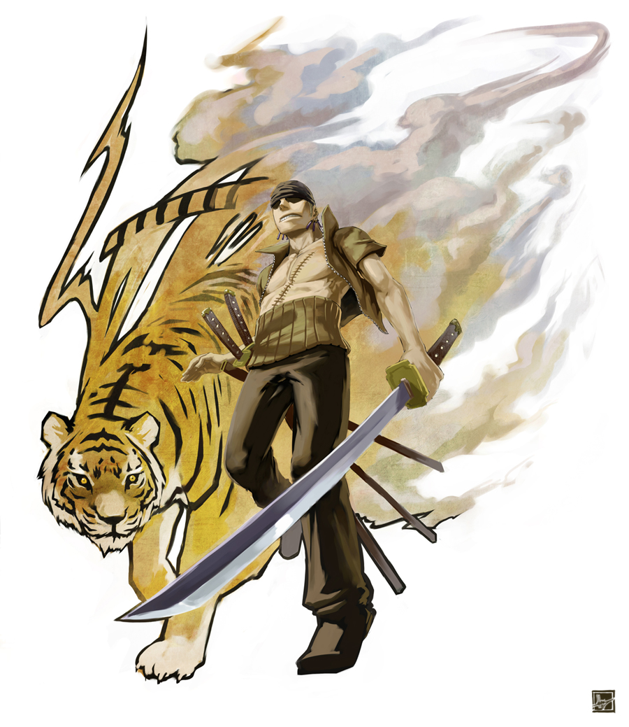 1boy animal_ears bandana black_footwear black_pants earrings green_hair haramaki holding holding_sword holding_weapon jacket jewelry katana male_focus nesskain one_piece pants roronoa_zoro sheath sheathed shoes short-sleeved_jacket short_sleeves stitched_chest sword tiger tiger_ears tiger_stripes weapon