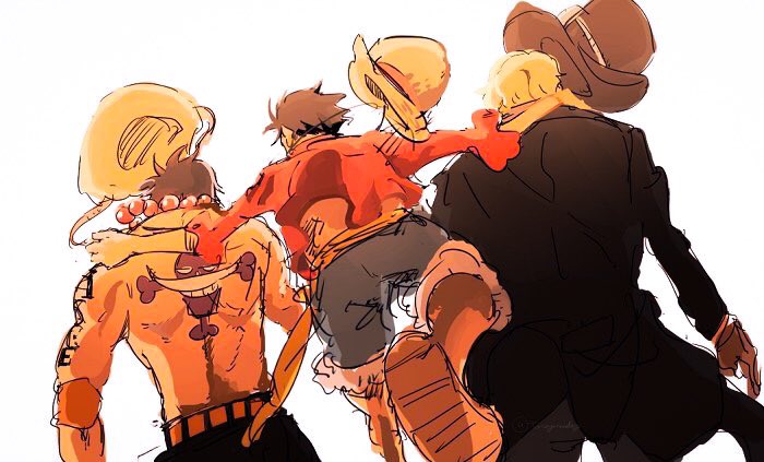 3boys arm_tattoo back back_tattoo black_coat black_hair black_hat blonde_hair blue_shorts brothers brown_gloves coat commentary_request elbow_pads gloves hat imamuu_(imamoon) jewelry jolly_roger male_focus monkey_d._luffy multiple_boys necklace one_piece pearl_necklace portgas_d._ace red_shirt sabo_(one_piece) sash shirt short_hair shorts siblings simple_background single_elbow_pad straw_hat tattoo twitter_username white_background whitebeard_pirates_jolly_roger yellow_sash
