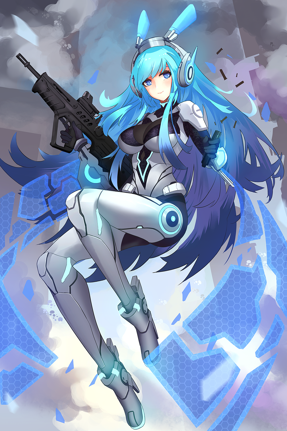 1girl alternate_eye_color armored_leotard assault_rifle blue_eyes blue_hair breasts bullpup clip_(weapon) closed_mouth cloud commentary_request floating girls&#039;_frontline gloves gun headgear highres holding holding_weapon iwi_tavor leotard light_blue_hair long_hair mecha_musume multicolored_hair neon_trim outdoors reloading rifle robot_ears scope sight sky solo tar-21_(girls&#039;_frontline) tavor_tar-21 two-tone_hair wangzhe_rongyao weapon white_footwear wjn-rance