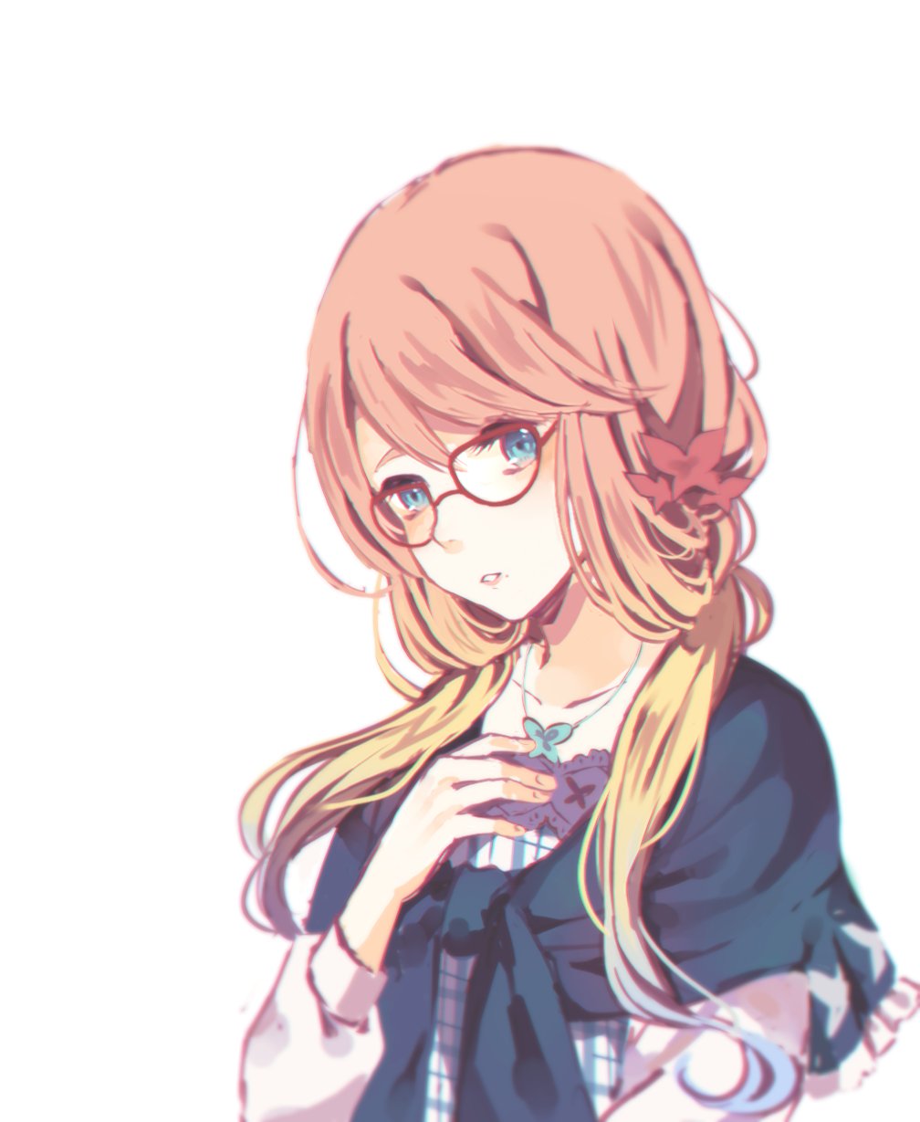 1girl blonde_hair blue_eyes female_focus glasses gradient_hair haruno_sora highres jewelry long_hair looking_at_viewer low_twintails multicolored_hair necklace parted_lips red-framed_eyewear simple_background solo tamagoyaki_(megane-daisuki) twintails upper_body vocaloid voiceroid white_background