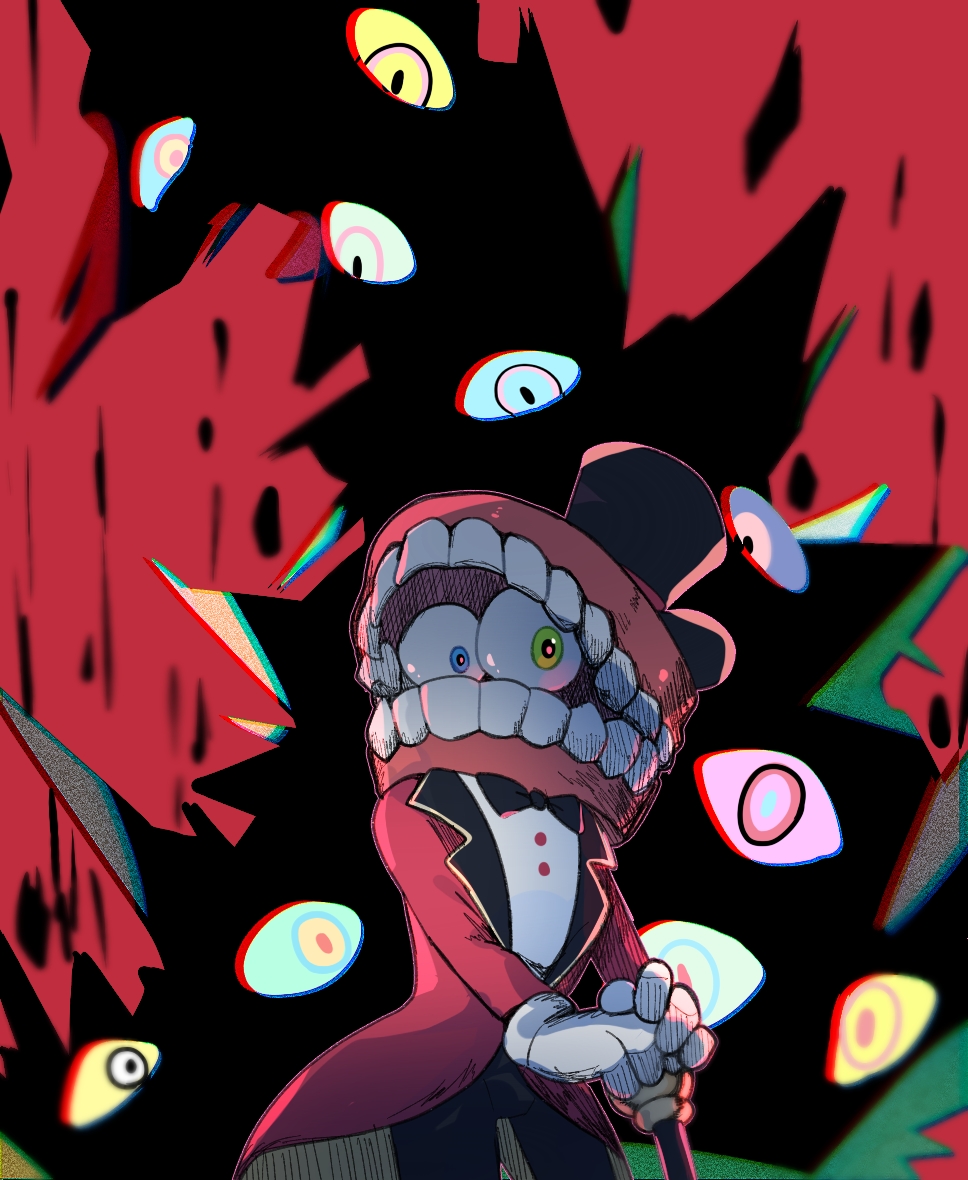 1boy black_hat black_pants blue_eyes bow bowtie caine_(the_amazing_digital_circus) dentures eyeball formal_clothes gloves green_eyes hat heterochromia holding holding_wand horror_(theme) long_sleeves looking_at_viewer pants red_suit solo standing suit teeth the_amazing_digital_circus tianzhao_daiyushen top_hat traditional_bowtie wand white_gloves