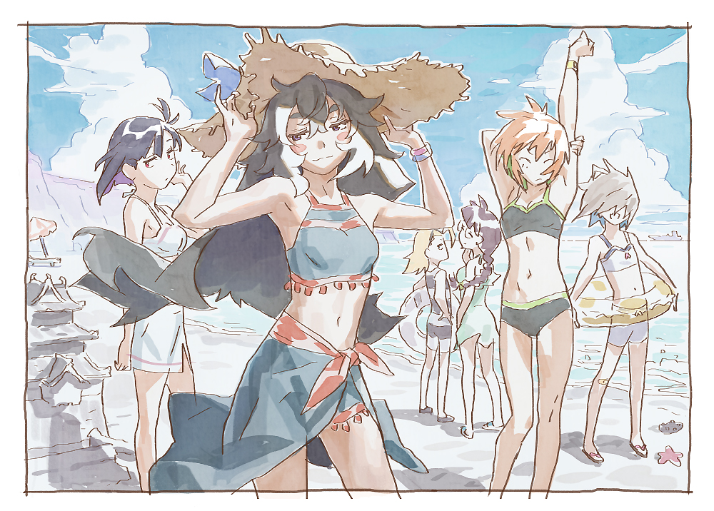 6+girls bare_arms bare_legs beach bikini black_bikini black_hair blush_stickers border brown_hair casual_one-piece_swimsuit commentary_request cowboy_shot do_it_yourself!! hat hikage_takumi juliet_queen_elizabeth_viii kouki_kokoro light_brown_hair long_hair matsuo_yuusuke multiple_girls one-piece_swimsuit sand_castle sand_sculpture sarong short_hair standing straw_hat stretching suride_miku swimsuit swimsuit_skirt white_bikini white_border yasaku_rei yua_serufu