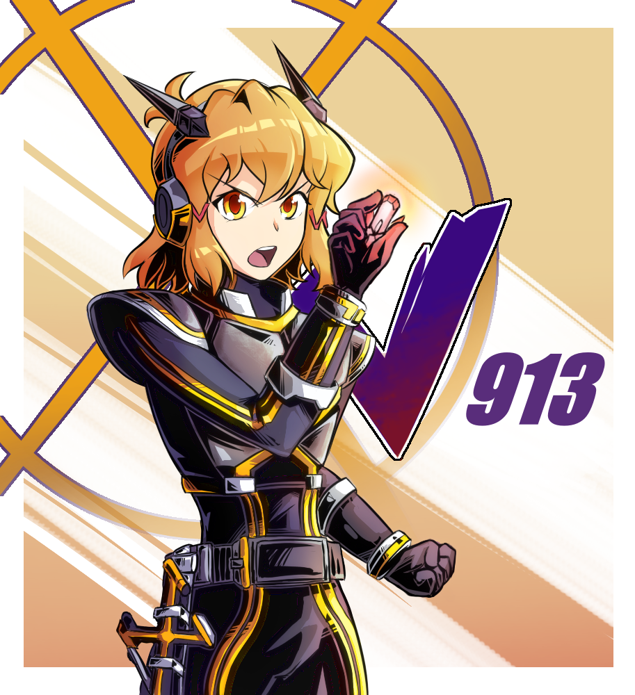 1girl armor belt bodysuit breasts brown_hair cellphone crossover dootmoon hair_ornament hairclip headgear headphones kamen_rider kamen_rider_555 kamen_rider_kaixa looking_at_viewer medium_breasts orange_eyes phone senki_zesshou_symphogear short_hair tachibana_hibiki_(symphogear)