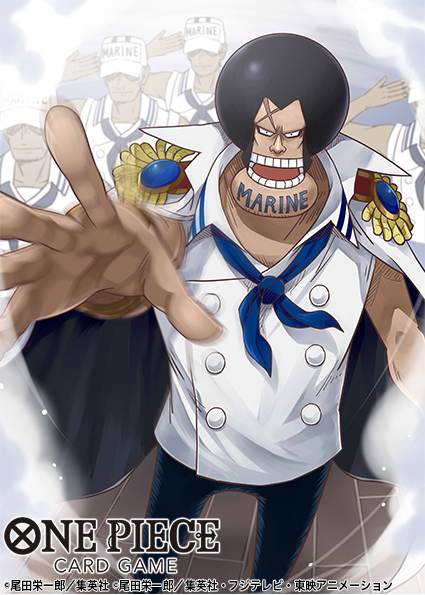 5boys black_hair blue_neckerchief coat collared_coat commentary_request copyright_name epaulettes feet_out_of_frame male_focus marine_(one_piece) marine_uniform_(one_piece) multiple_boys neckerchief official_art one_piece one_piece_card_game open_mouth salute scar scar_on_face shinra0609 sideburns sleeveless smoke very_good_(one_piece) white_coat